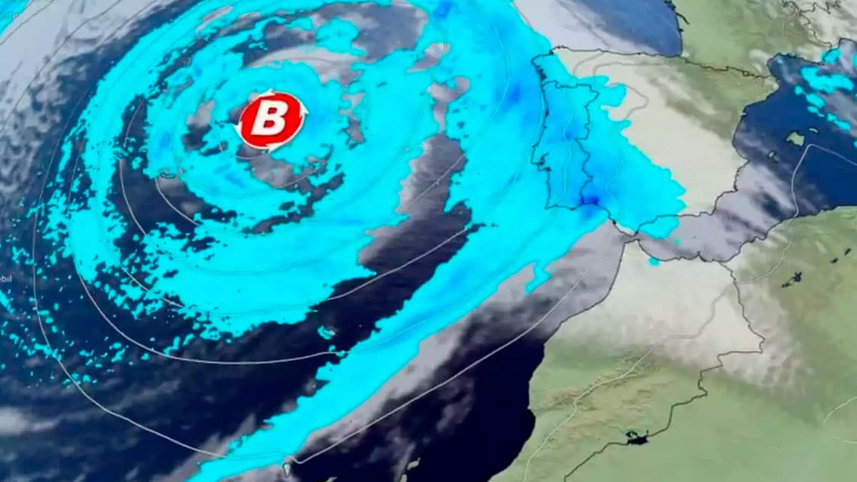 Borrasca atlántica con centro de bajas presiones acercándose a España según mapa meteorológico