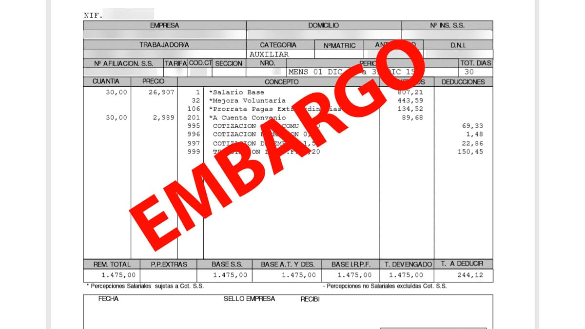 Nómina con aviso de embargo por deudas del cónyuge según la Seguridad Social