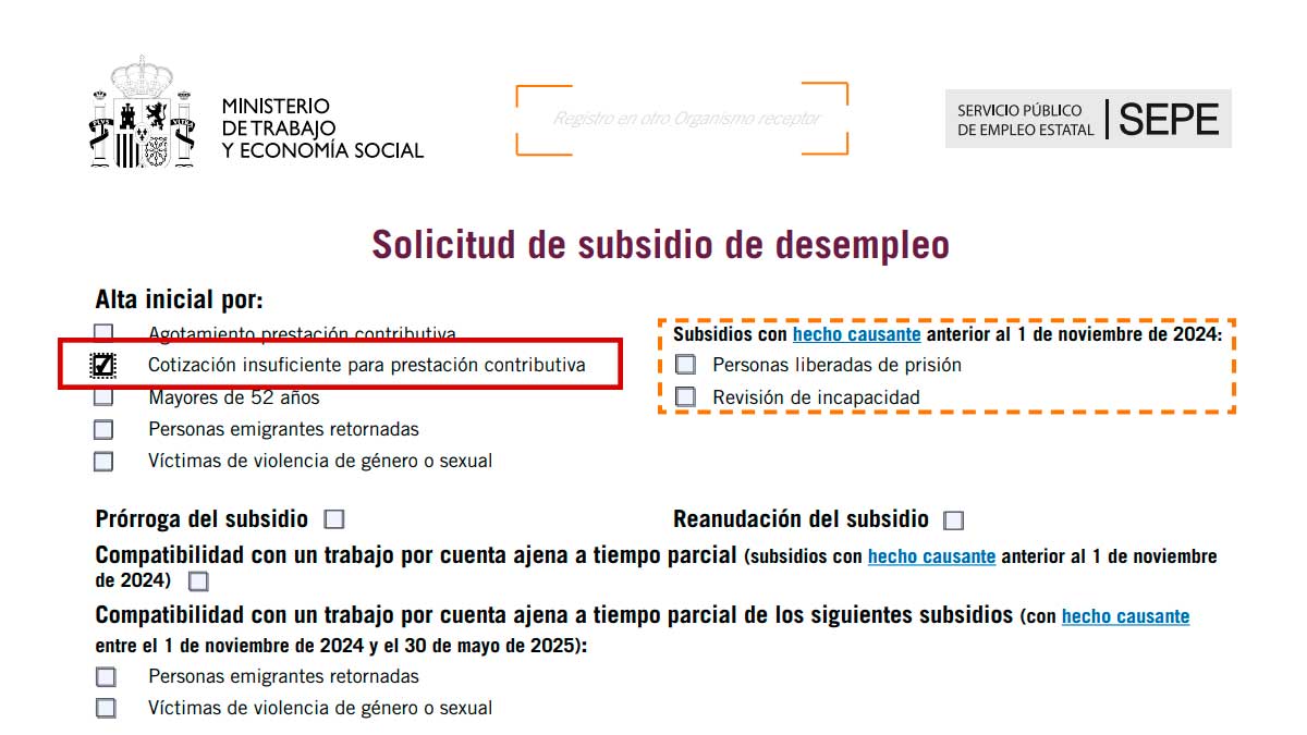Formulario del SEPE marcando cotización insuficiente para subsidio por desempleo