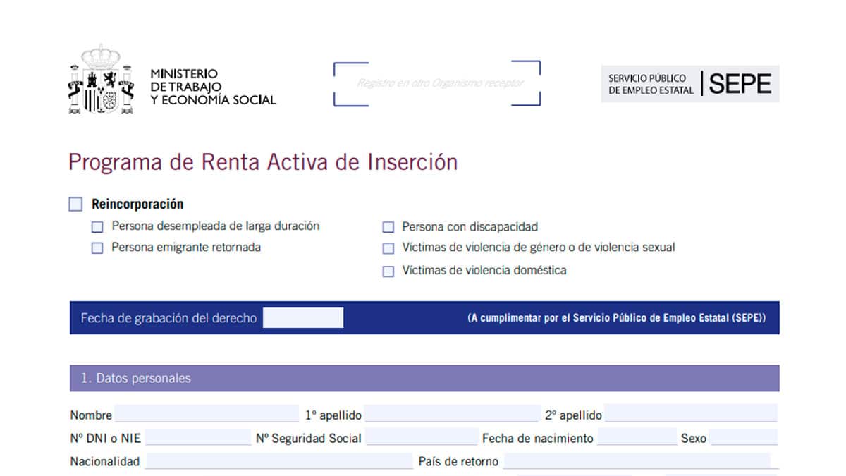 Formulario del SEPE para solicitar la Renta Activa de Inserción (RAI) en 2026