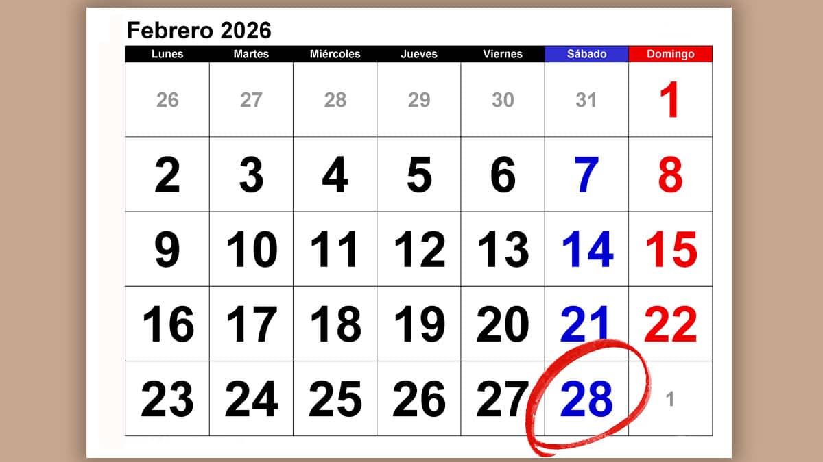 Calendario de febrero 2026 con el 28 destacado en sábado por el Día de Andalucía