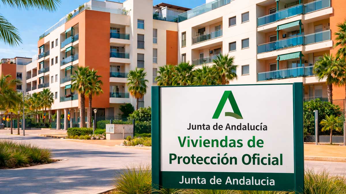 Viviendas de protección oficial en Andalucía con cartel de la Junta para inscripción en el Registro de VPO 2026