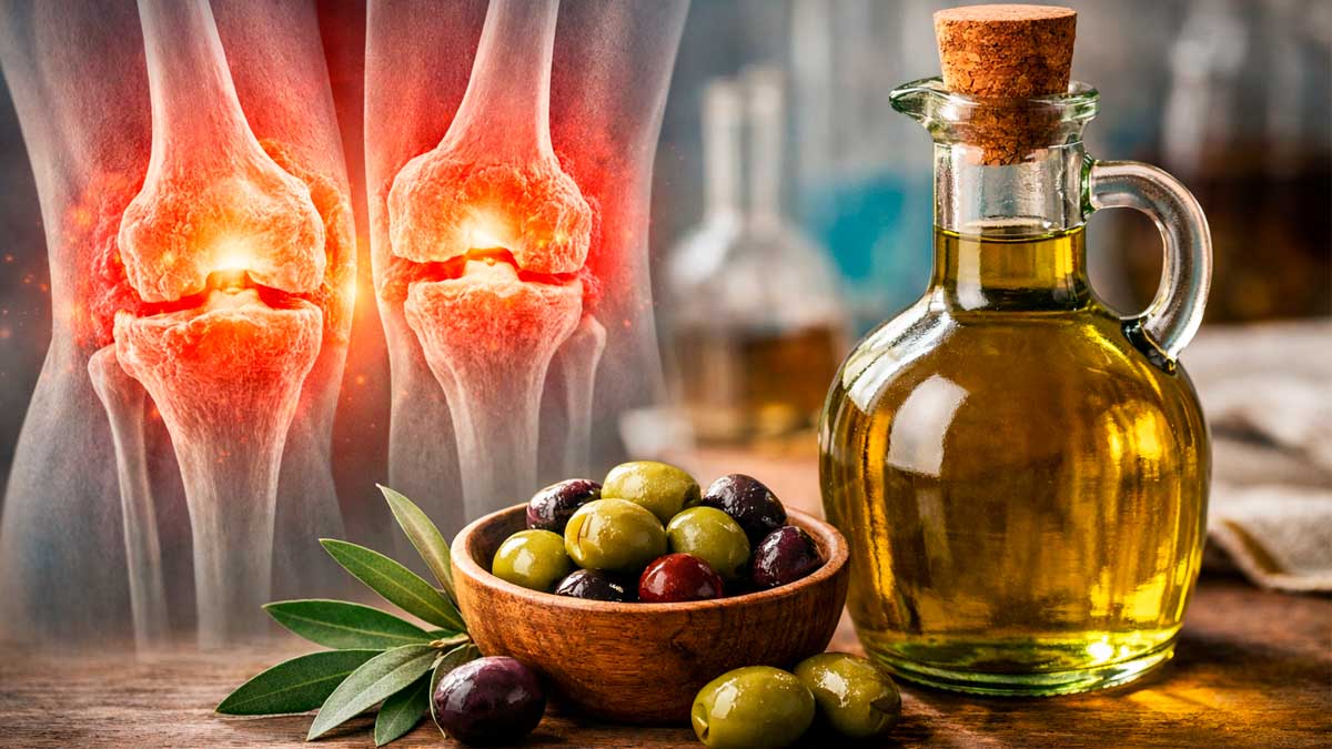 Aceite de oliva virgen extra con aceitunas junto a ilustración de articulaciones inflamadas por artritis