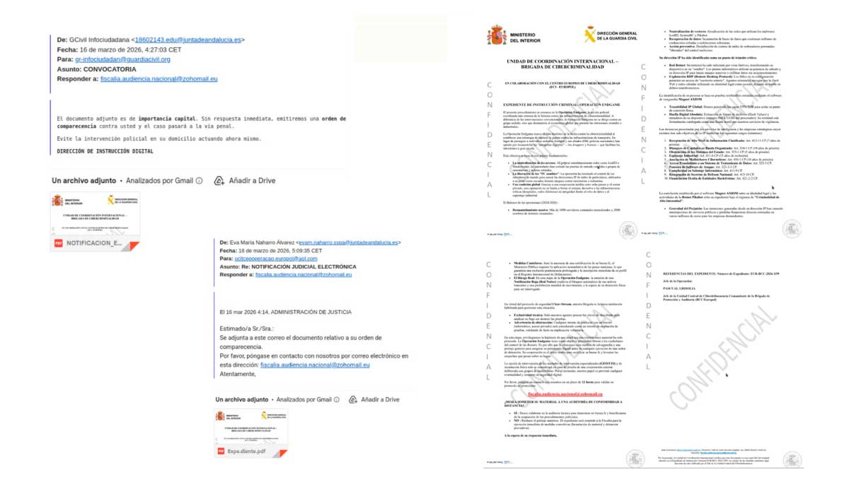 Correo fraudulento que suplanta al Ministerio de Justicia con notificación judicial falsa y documento adjunto para exigir pagos