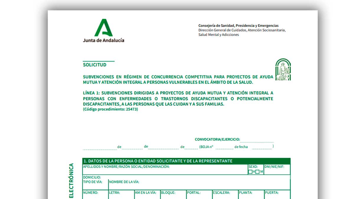 Formulario oficial de solicitud de ayudas de la Junta de Andalucía para proyectos de salud dirigidos a personas vulnerables