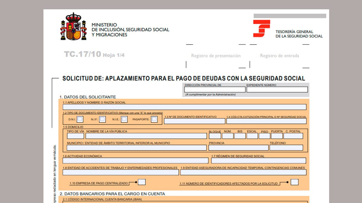 Formulario TC 17/10 de solicitud de aplazamiento de deuda con la Seguridad Social