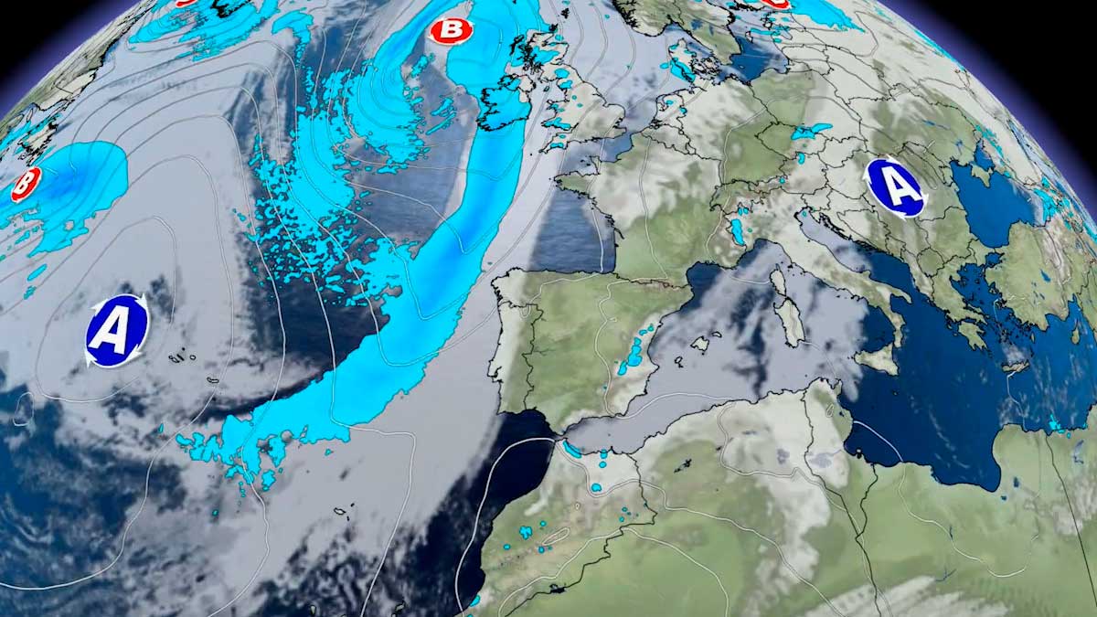 Mapa meteorológico con borrasca atlántica y previsión de tormentas y lluvias de barro en Andalucía según AEMET