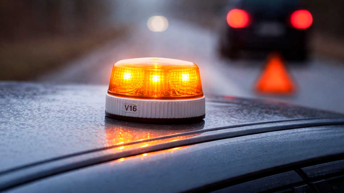 Baliza V16 encendida sobre el techo de un coche en carretera con baja visibilidad