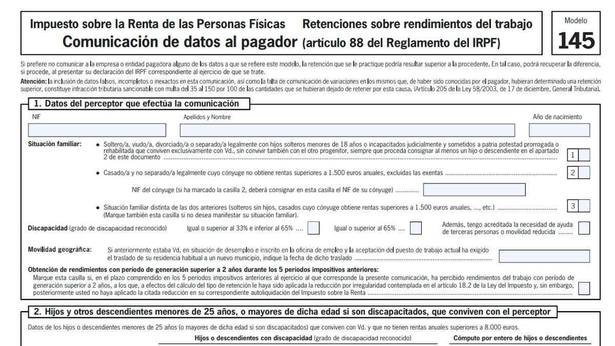 Modelo 145 del IRPF utilizado para comunicar datos personales a la empresa para calcular las retenciones en la nómina