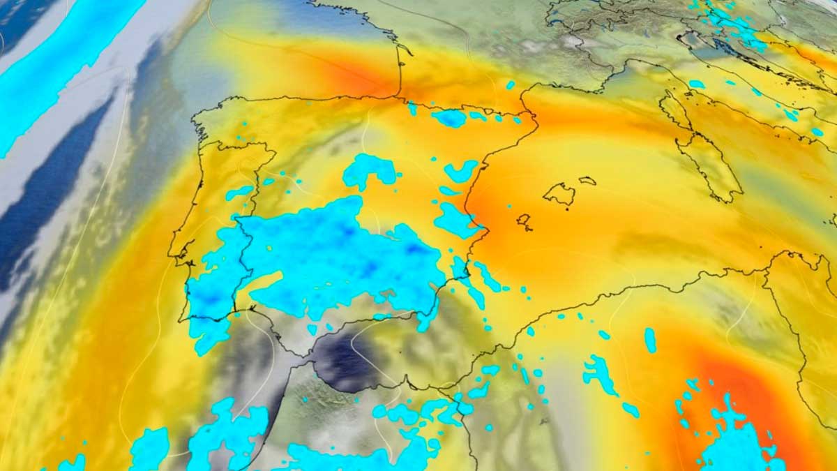 Mapa meteorológico de la borrasca Regina con intrusión de calima y lluvias sobre Andalucía y el sur de España