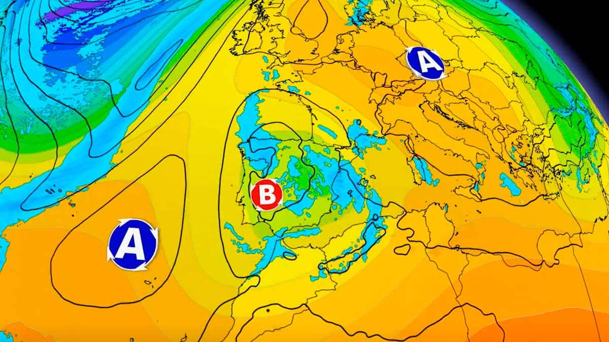 Mapa meteorológico con la borrasca Regina sobre la Península y lluvias intensas previstas en Andalucía antes de la llegada de una dana