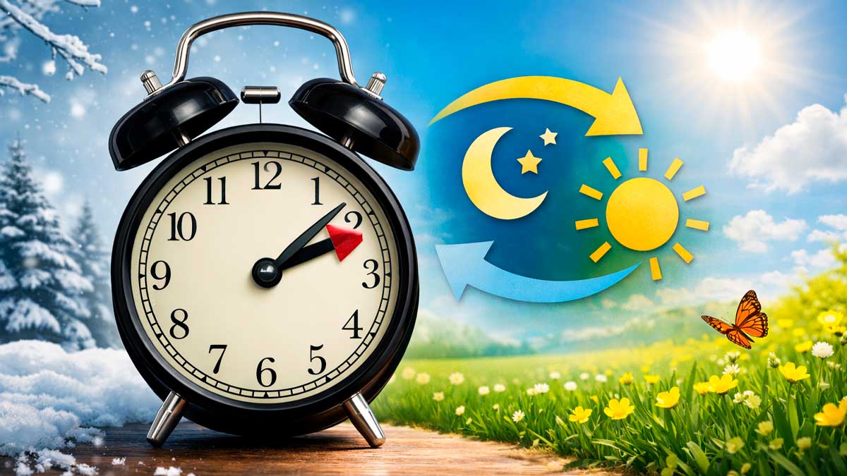 Reloj analógico con transición de invierno a verano por el cambio de hora 2026 en España