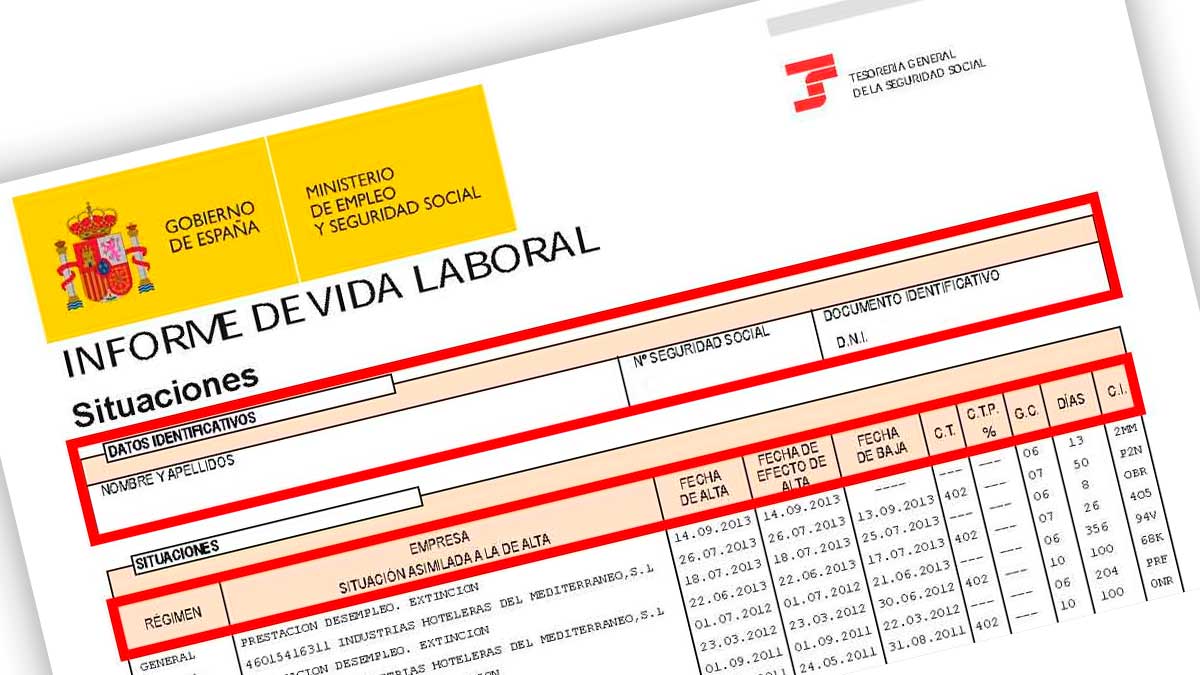 Informe de vida laboral de la Seguridad Social con datos de cotización y registro de altas y bajas laborales