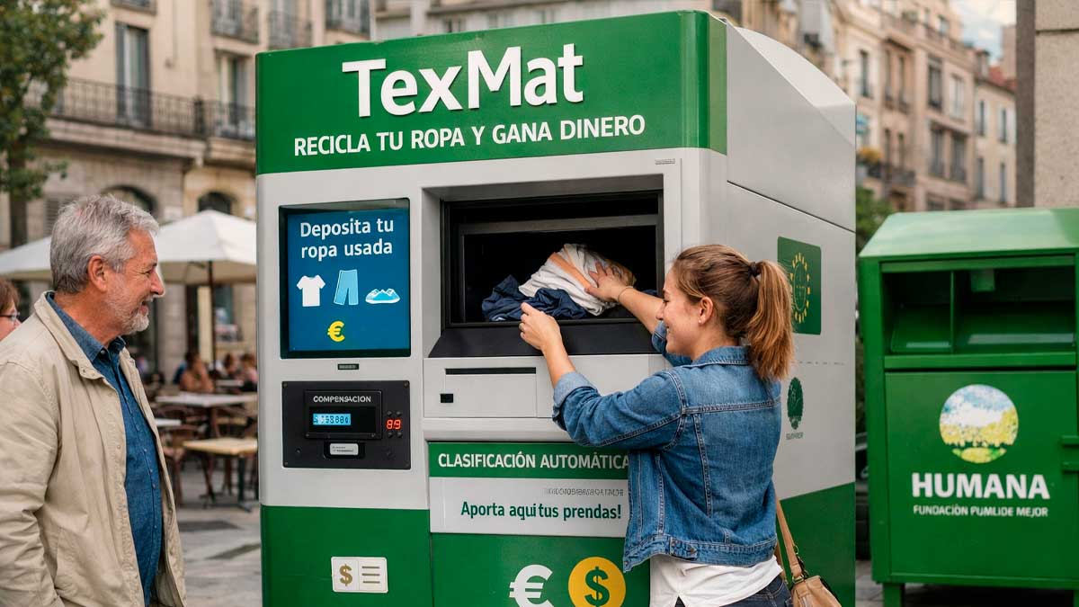 Contenedor inteligente TexMat donde una mujer deposita ropa usada para recibir dinero en un proyecto de reciclaje textil de la UE.