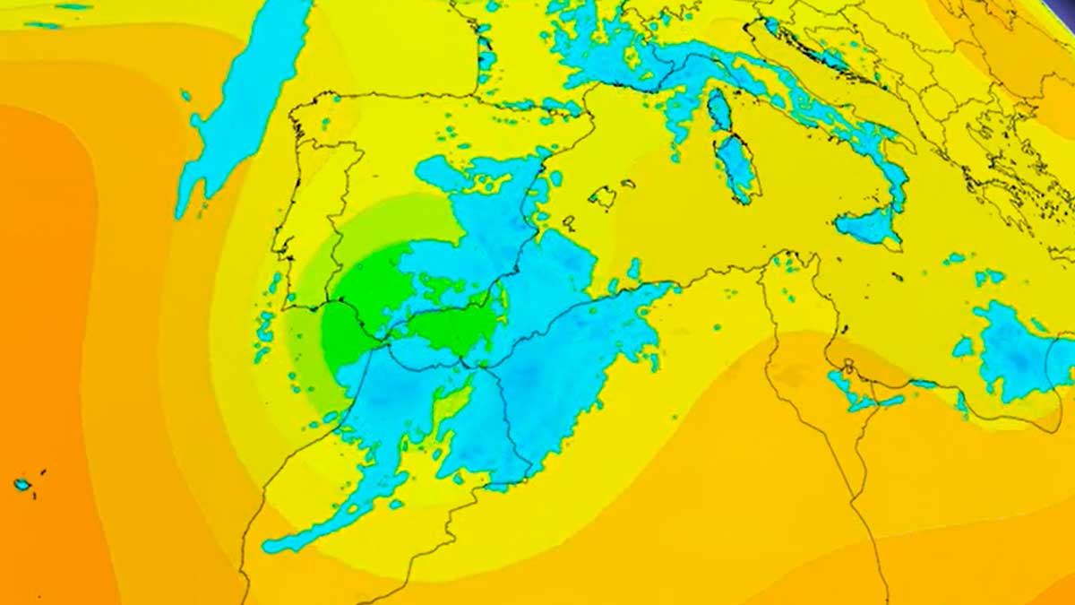 Mapa meteorológico de la DANA sobre España con aire frío y lluvias afectando a Andalucía