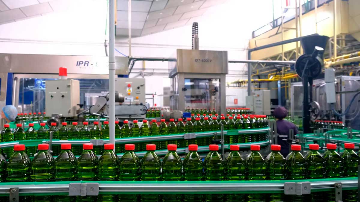 Línea de producción de aceite de orujo en fábrica con botellas en cadena de envasado
