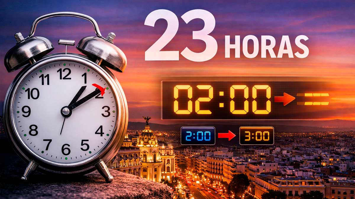 Cambio de hora en España con reloj adelantado a las 3 y aviso de día de 23 horas