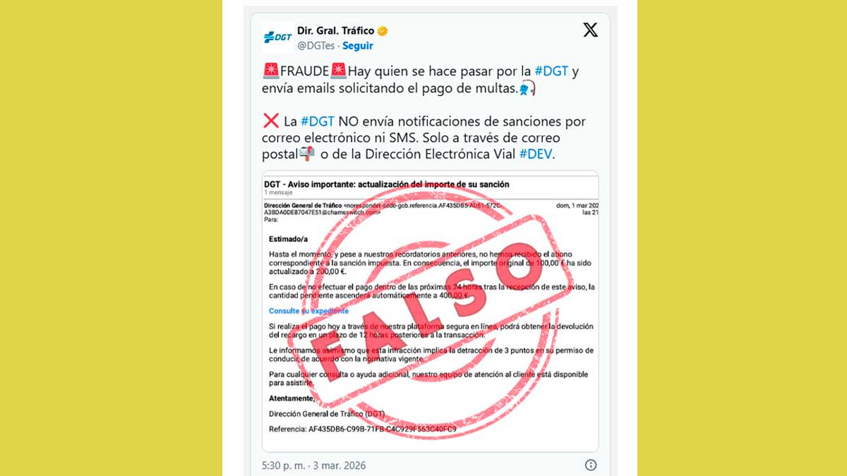 Aviso de la DGT alertando sobre correos fraudulentos que simulan multas de tráfico