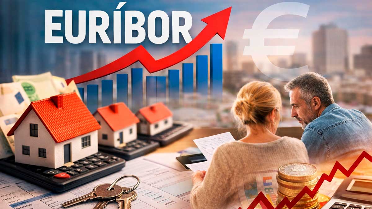 Euríbor al alza impacto en hipotecas variables con gráfico ascendente y pareja revisando documentos financieros