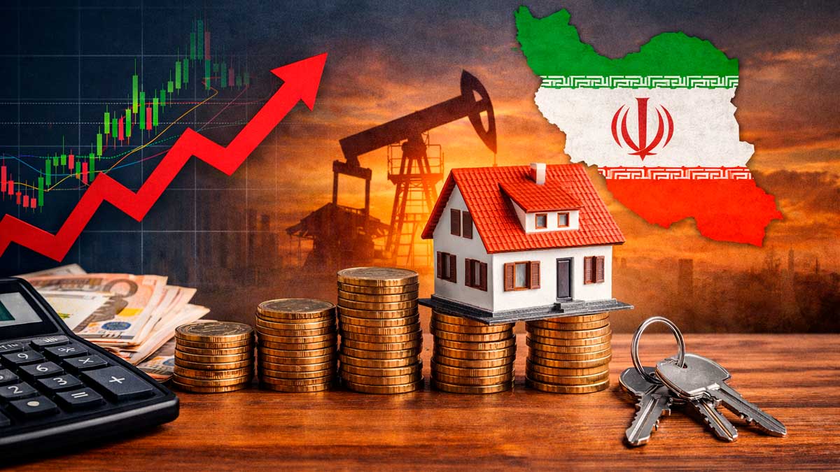Subida del euríbor con gráfico al alza, casa sobre monedas y referencia al petróleo e Irán