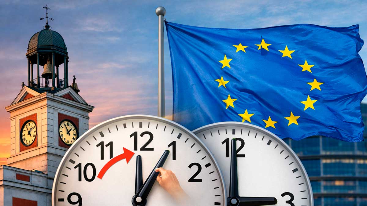 Cambio de hora en España con relojes adelantándose y bandera de la Unión Europea al fondo