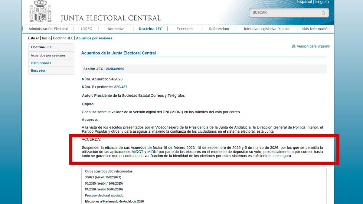 Acuerdo de la Junta Electoral Central que suspende el uso del DNI digital y aplicaciones MiDNI y MiDGT en elecciones andaluzas 2026