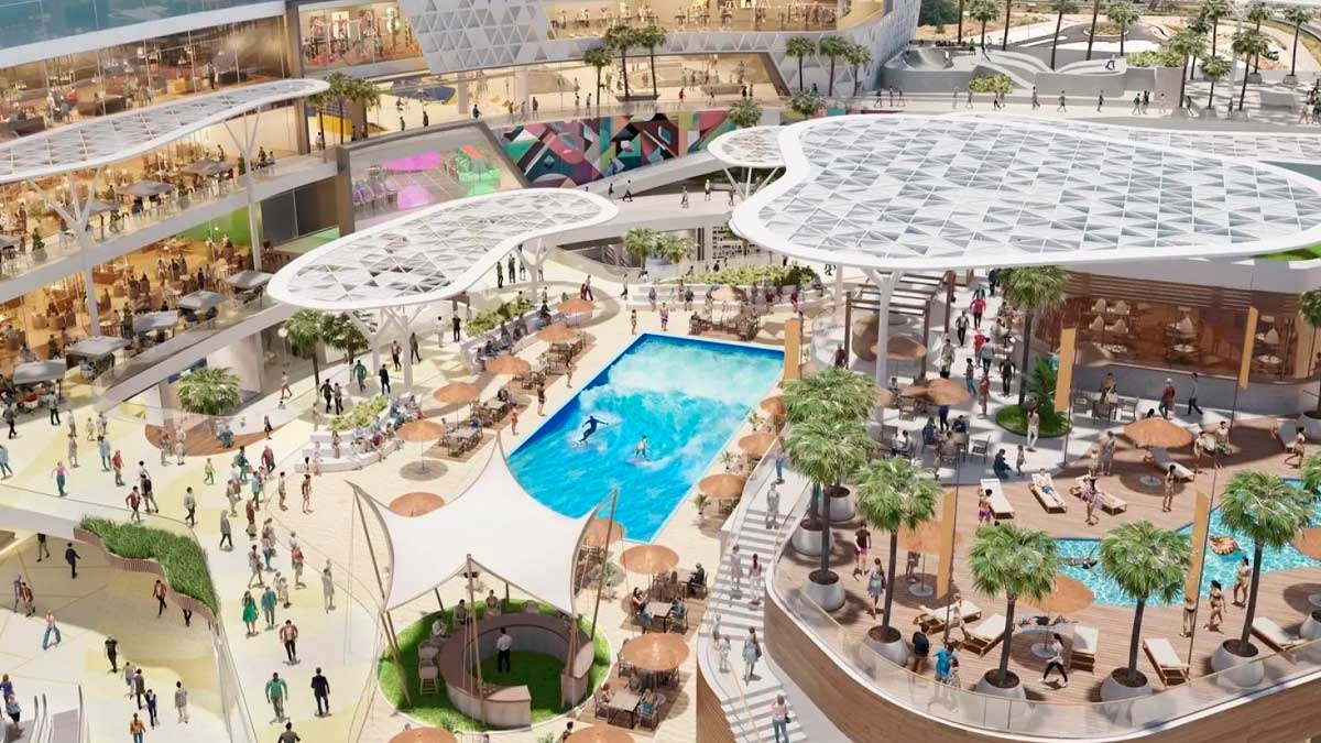 Imagen recreada del nuevo macrocentro comercial de Málaga con zonas de ocio y piscina central