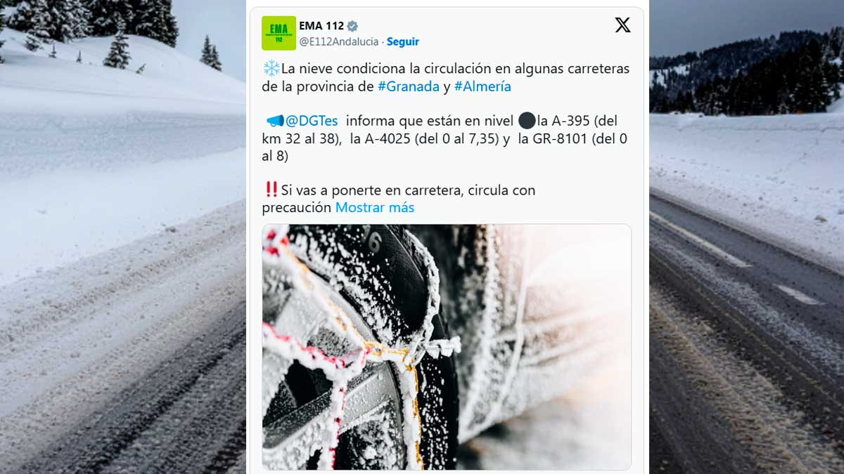Nieve en carreteras de Granada con vehículo usando cadenas tras avisos de la EMA por el temporal en Andalucía