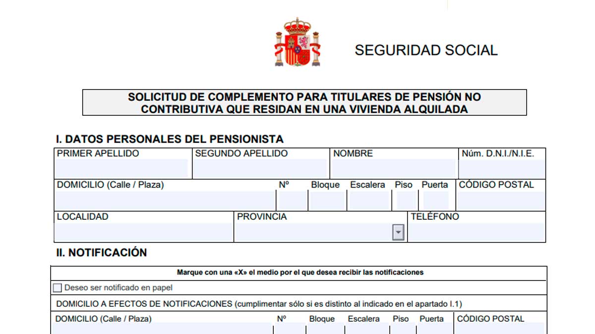 Formulario de solicitud del complemento de 525 euros para pensionistas con pensión no contributiva que viven de alquiler