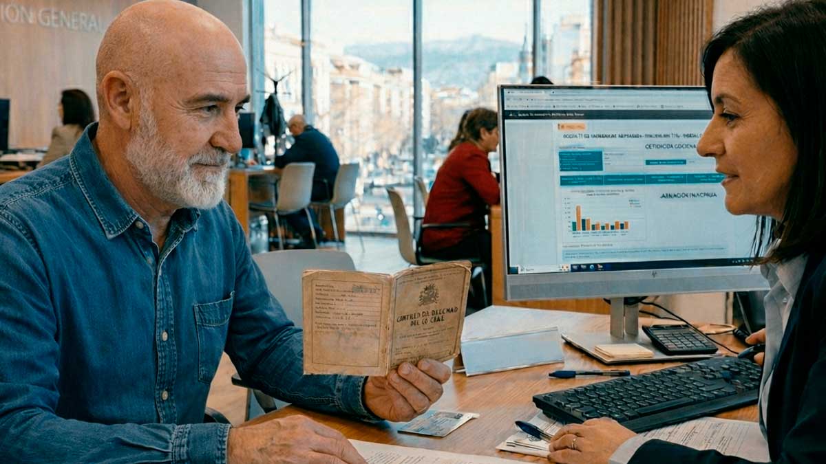 Hombre consultando jubilación con cartilla militar en oficina de la Seguridad Social en España