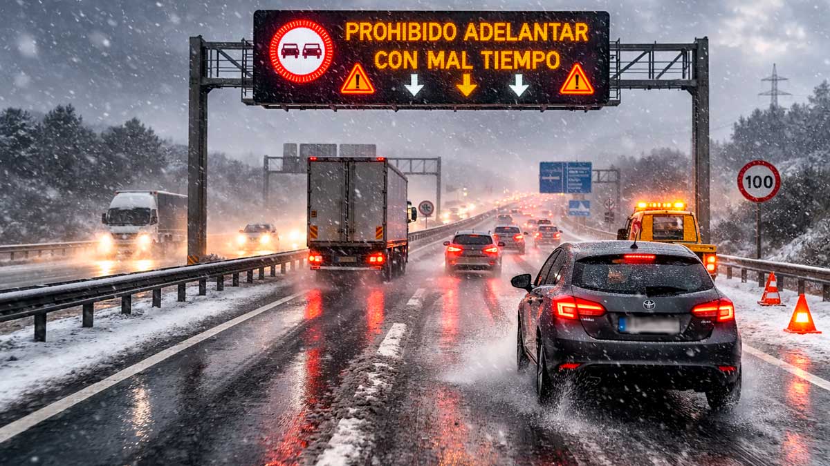 Prohibicion de adelantamientos con mal tiempo en autovia segun la dgt con panel luminoso y trafico bajo nevada