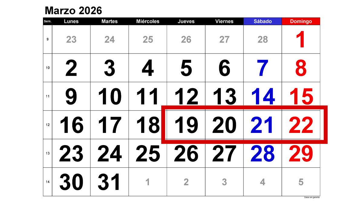 Calendario de marzo de 2026 con el puente del 19 al 22 tras el festivo de San José