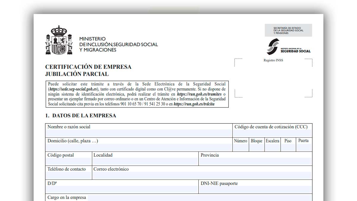 Certificación de empresa para jubilación parcial formulario seguridad social