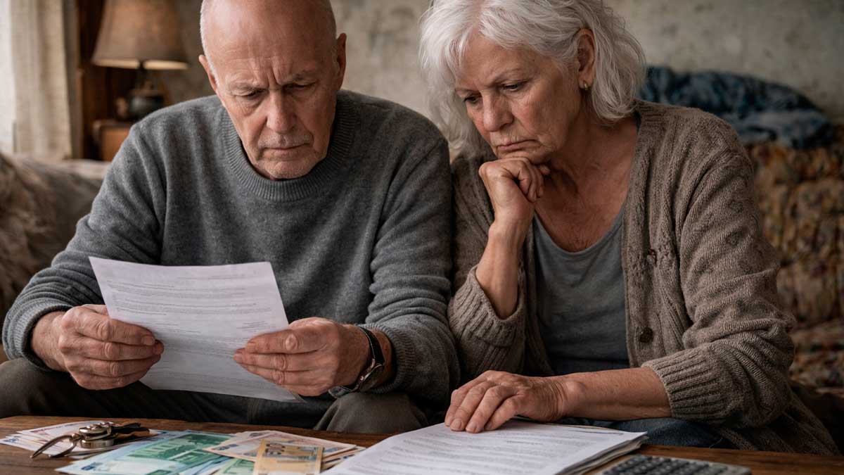 Ancianos revisando documentos y dinero tras recibir una herencia que puede afectar a la pensión no contributiva
