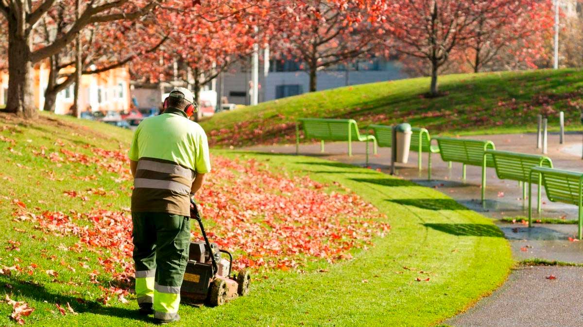 Jardinero trabajando en el mantenimiento de un parque en Andalucía con maquinaria de corte de césped