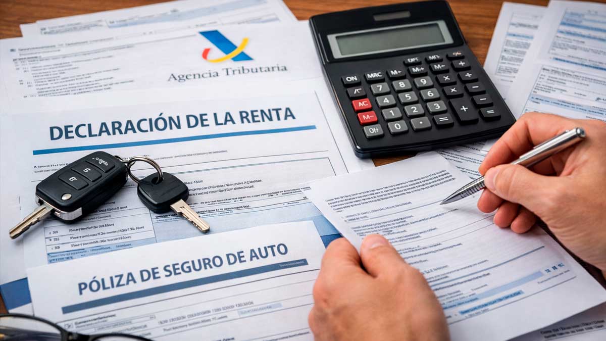 Seguro del coche y declaración de la Renta 2026 con documentos de la Agencia Tributaria, calculadora y llaves de vehículo