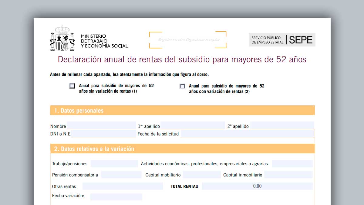Formulario del SEPE para declarar rentas del subsidio para mayores de 52 años y evitar devoluciones