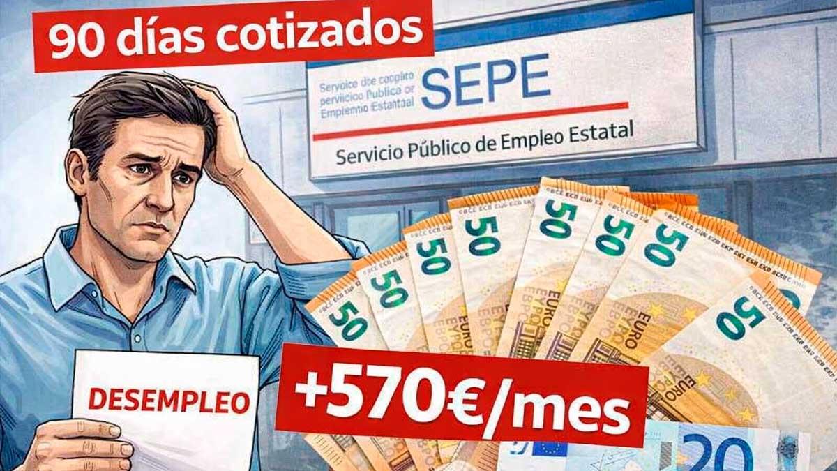 Hombre preocupado frente a oficina del SEPE con cartel de desempleo y 570 euros por 90 días cotizados