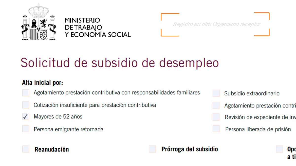 Formulario de solicitud del subsidio de desempleo para mayores de 52 años del SEPE