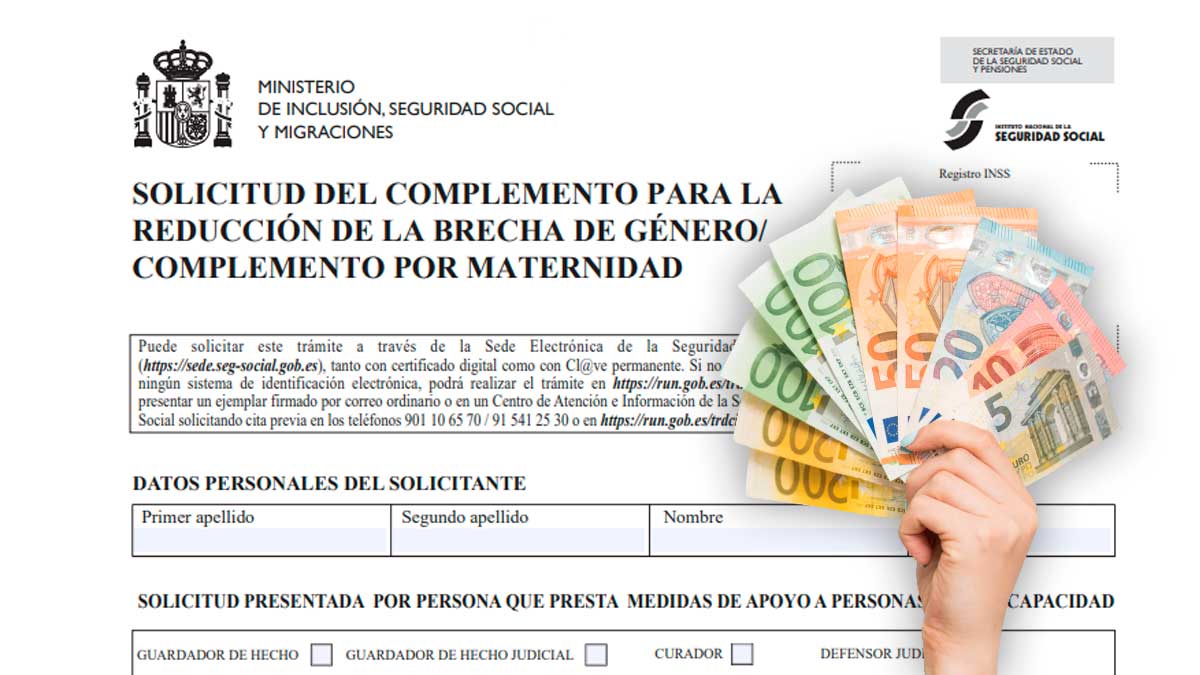 Solicitud del complemento de brecha de género de la Seguridad Social con billetes de euro y nuevas cuantías del complemento por hijos en 2026