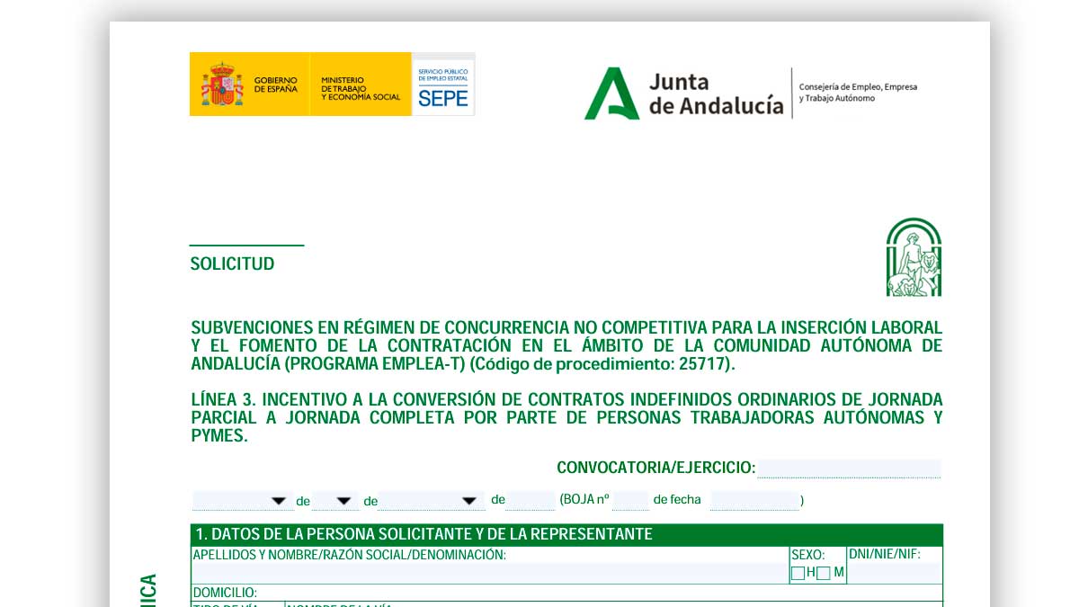 Formulario oficial de ayudas de la Junta de Andalucía para convertir contratos a jornada completa