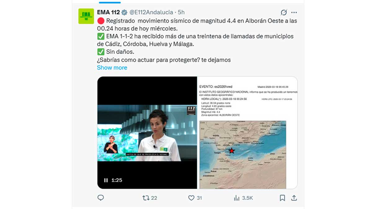 Terremoto de magnitud 4,4 en el mar de Alborán sentido en Andalucía según EMA 112