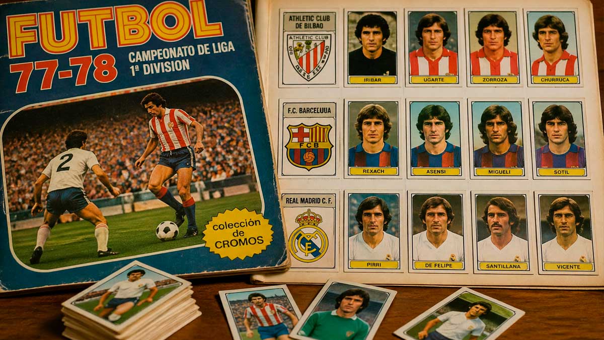 Álbum de cromos de fútbol de los años 70 con jugadores históricos en España