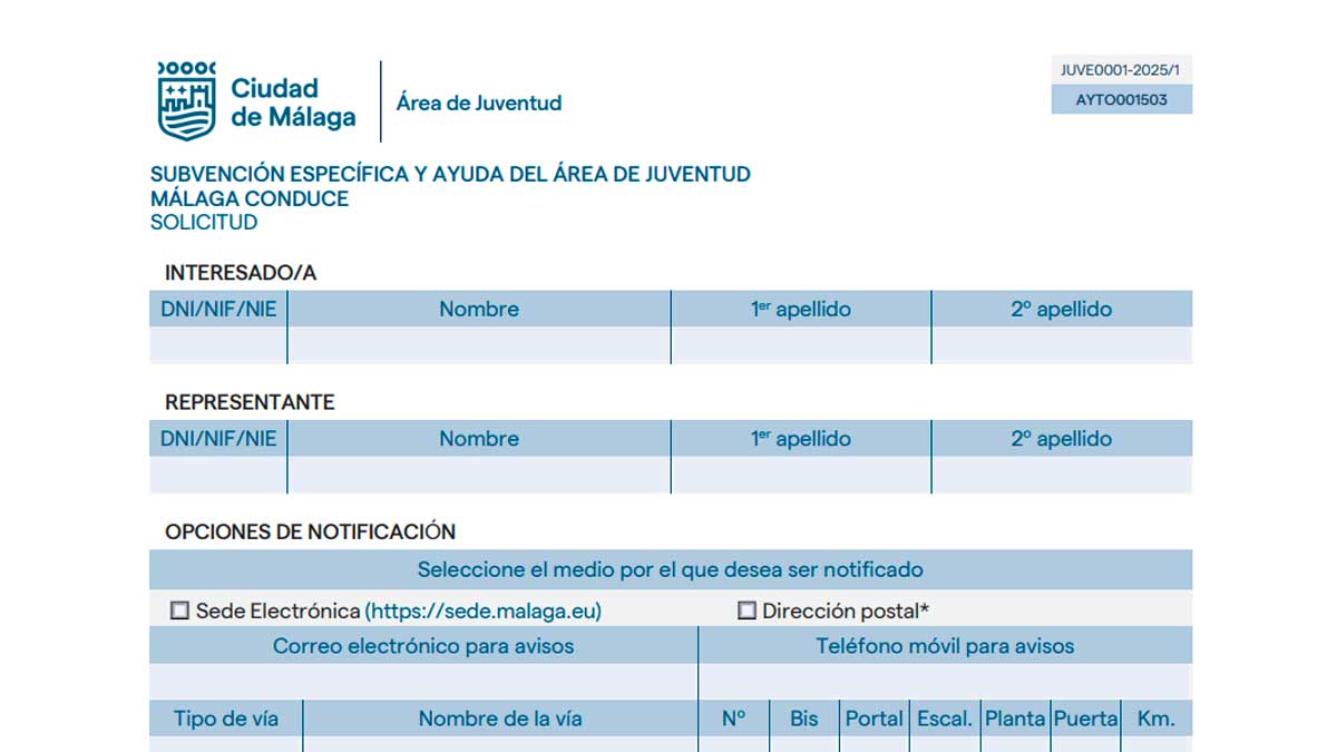 Formulario de solicitud de la ayuda Málaga Conduce para el carnet de conducir