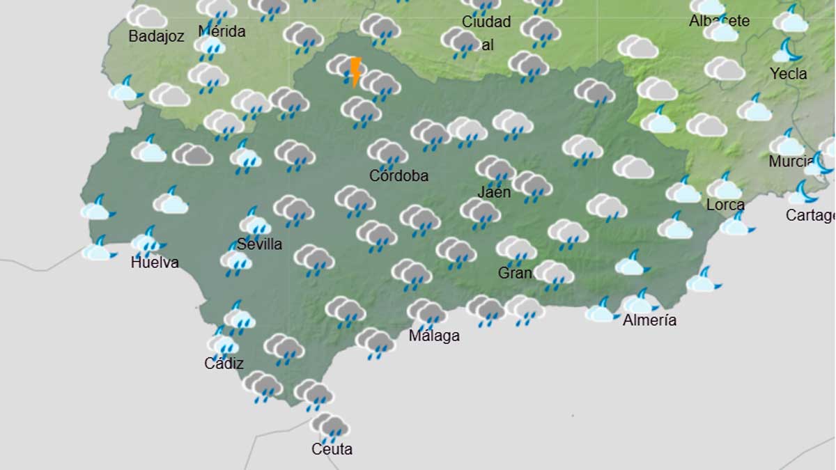 Mapa de previsión de AEMET con lluvias intensas en Andalucía y tormentas en varias provincias