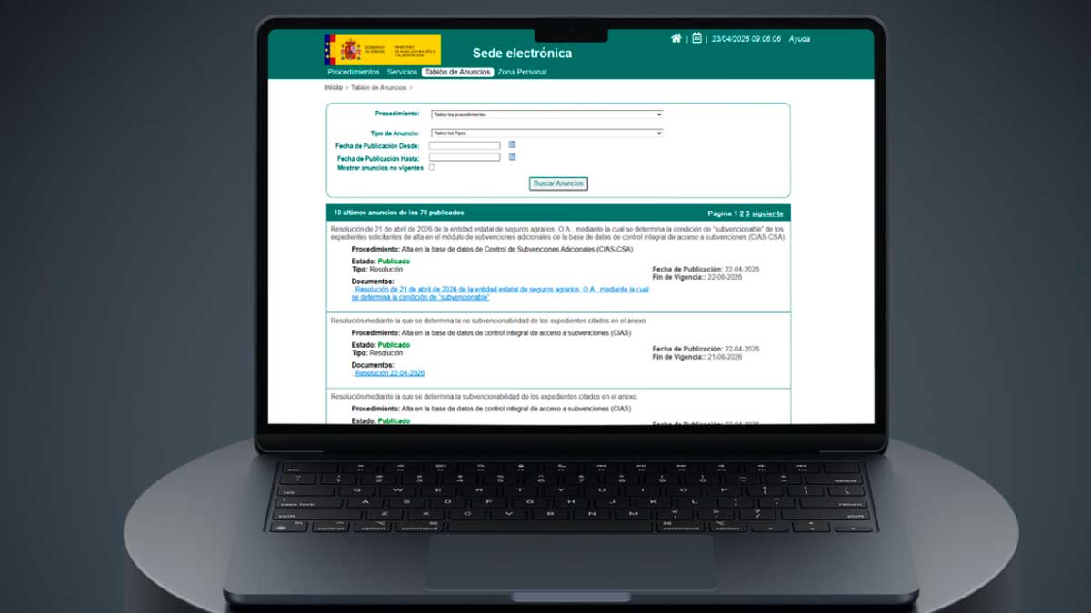 Sede electrónica del Ministerio de Agricultura con listado de ayudas agrarias