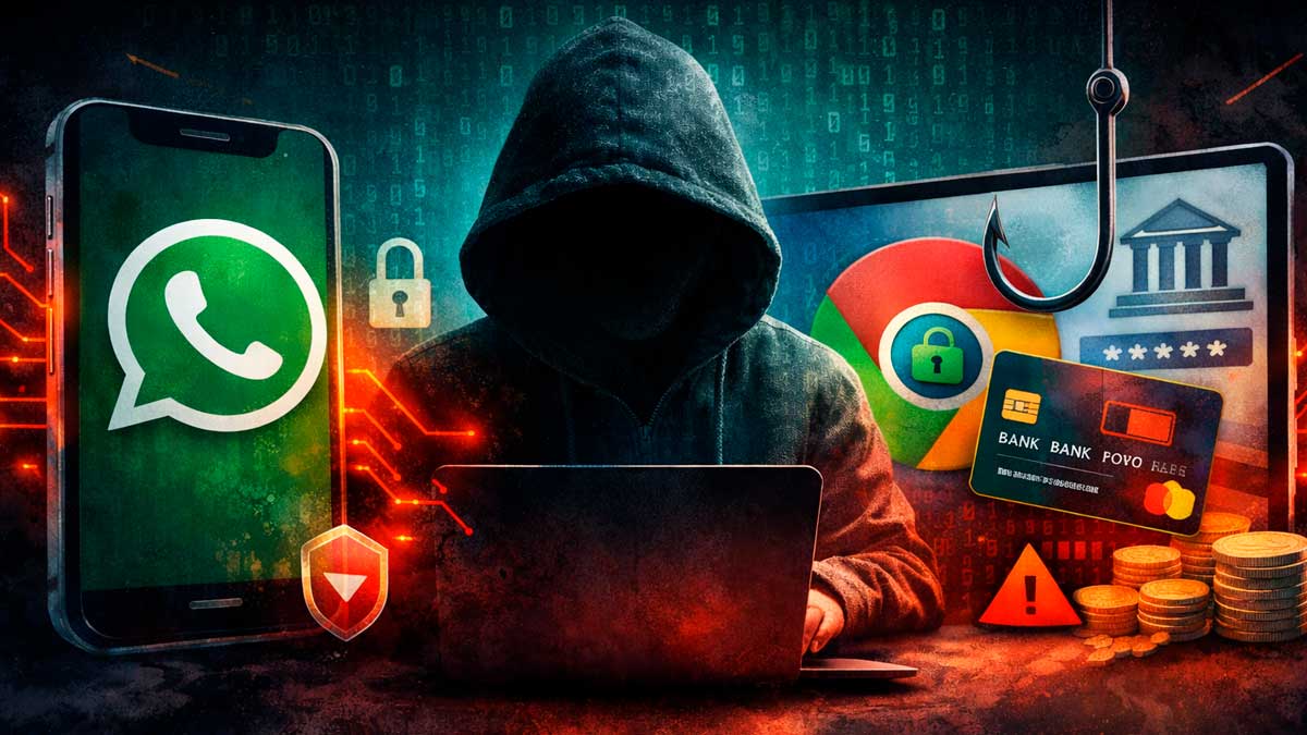 Hacker con portátil y logos de WhatsApp y Chrome en ataque del troyano GoPix para robar datos bancarios