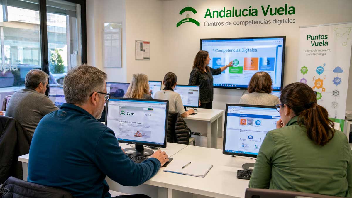 Formación en competencias digitales en un centro Andalucía Vuela con alumnos usando ordenadores durante un curso gratuito