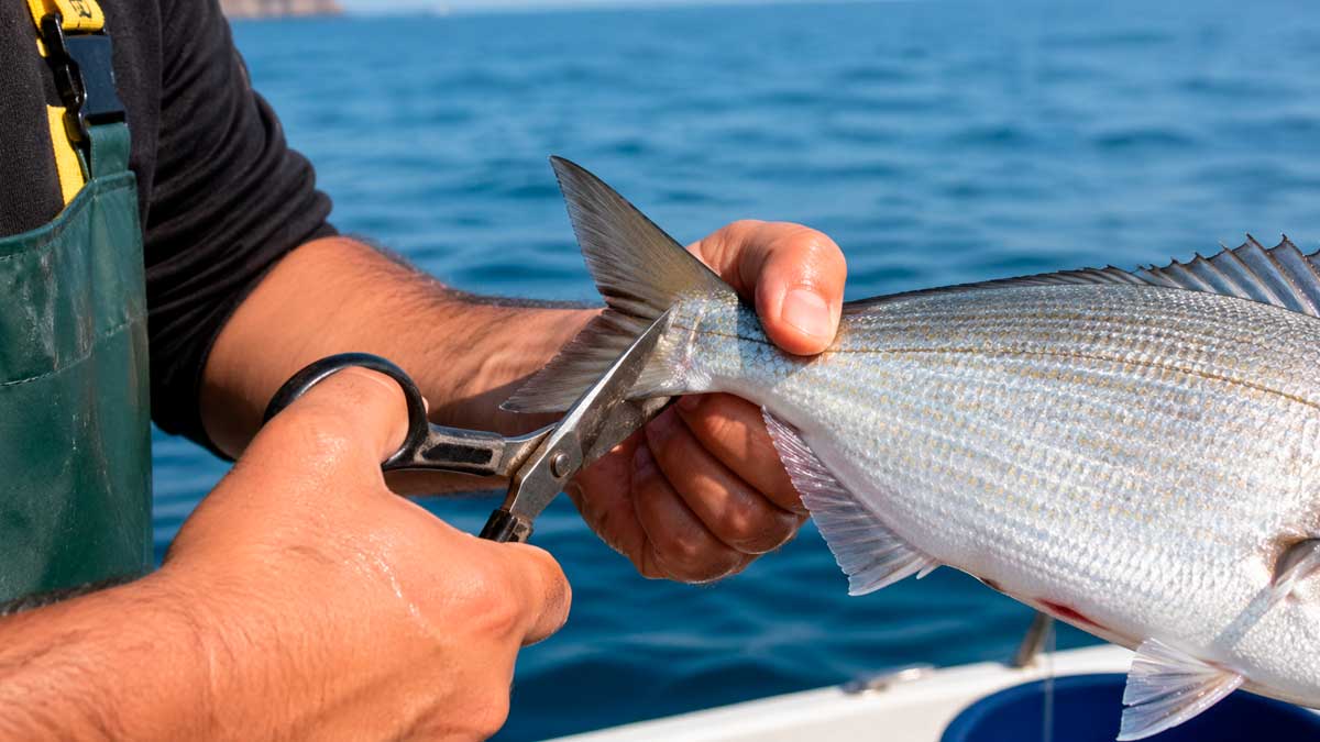 Pescador corta la aleta caudal de un pez en Andalucía para cumplir la normativa de pesca recreativa