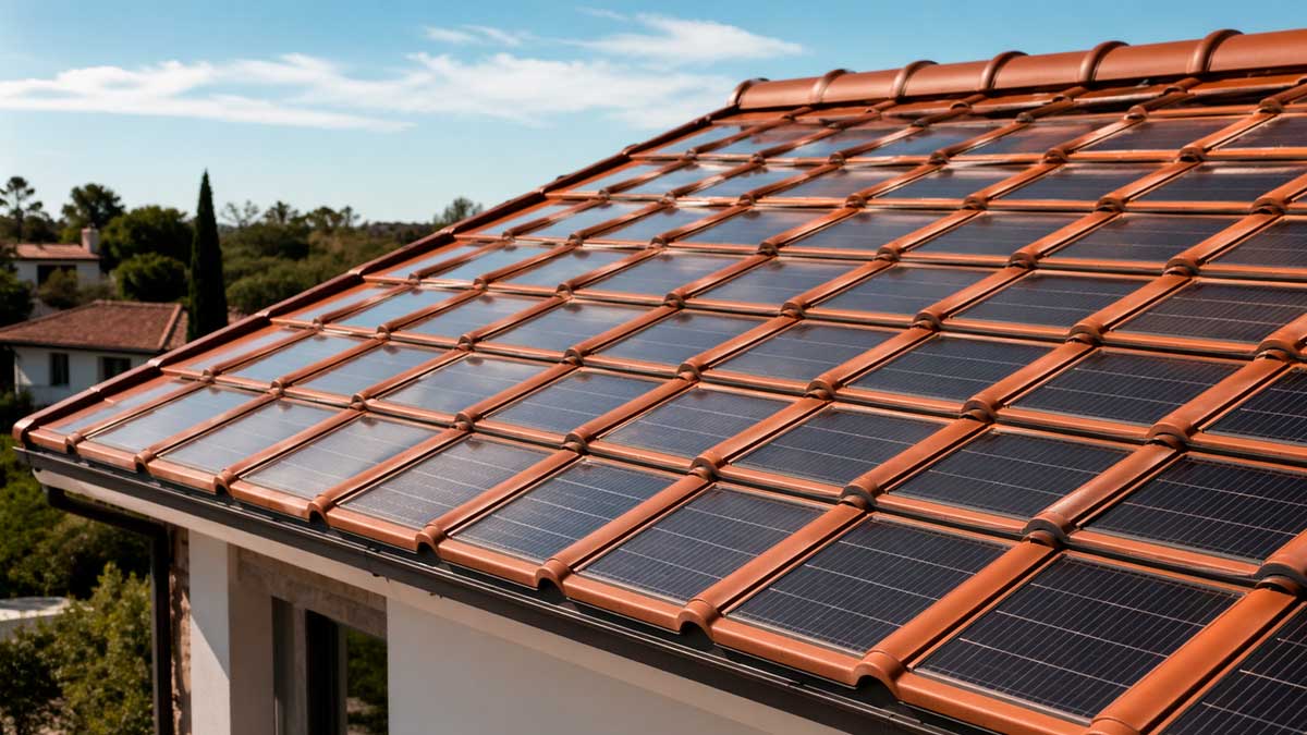 Tejado de vivienda con tejas solares integradas que generan electricidad sin paneles visibles
